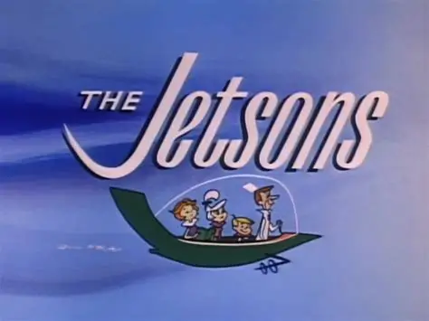 Uma nave com uma família dentro, com o título do desenho Os Jetsons em cima